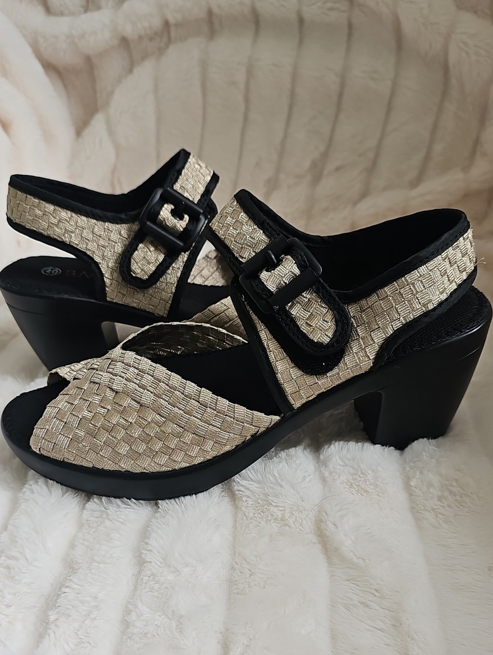 bernie mev. Black and Cream Woven Buckle Block Heel Sandals